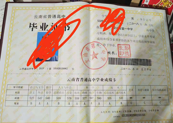 云南省2018年高中畢業(yè)證樣本