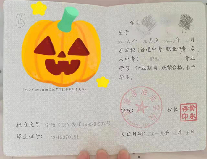 寧夏2019年高中畢業(yè)證樣本