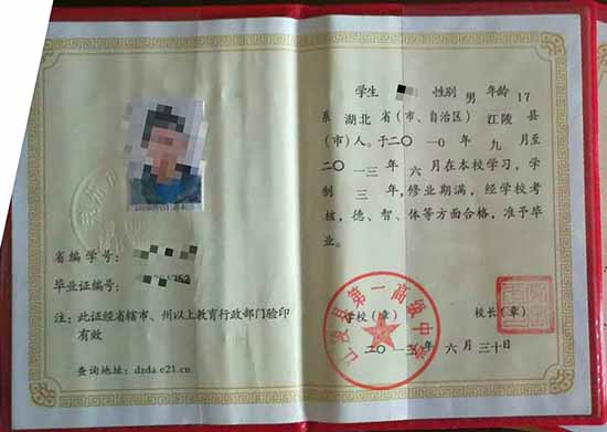 湖北省孝感市高中畢業(yè)證樣本（2004年、2013年、2017年）