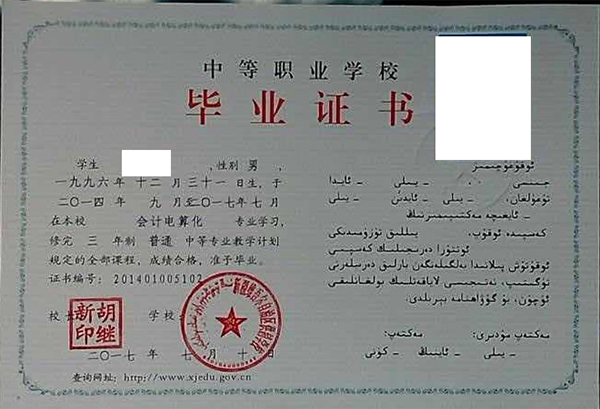 新疆2017年中專畢業(yè)證樣本