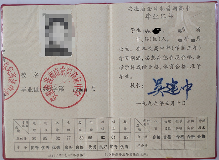 1990年安徽省高中畢業(yè)證樣本及補(bǔ)辦