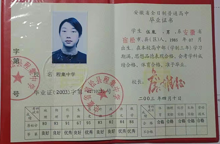 安徽省高中畢業(yè)證翻譯模板