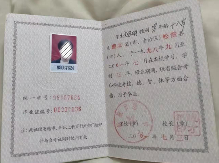 武漢市2001年高中畢業(yè)證圖片